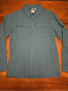 Men's Teal Check Button-Down Shirt with Chest Pockets